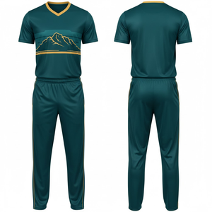 Ensemble de vêtements de sport pour hommes OEM, uniforme de cricket sublimé, maillot et pantalon turquoise avec graphisme montagne dorée - Product Image 3