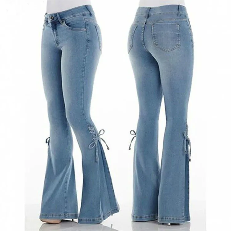 Pantalon en jean taille moyenne à lacets de haute qualité Stretch grande taille vêtements pour femmes cloche bas jean évasé pantalon pour femmes