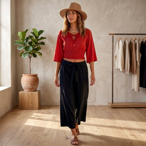 Women's Bohemian <b>Crop</b> <b>Top</b> Blouse <b>Red</b> Three Quarter Bell Sleeve Boat Neck Elastic Waist Solid Color Spring Summer Regular Fit - Product Image 4