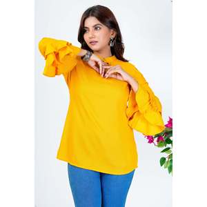Top chic en mousseline de soie jaune pour femmes coréennes avec manches à volants et col en V - pour le printemps/été - taille XL - Product Image 5