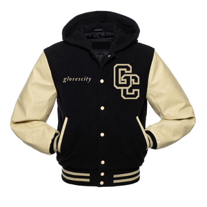 Chaqueta negra Letterman Varsity para hombre con mangas de cuero dorado hecha de 100% chaqueta de lana genuina para hombre de GLOVES City - Product Image 1
