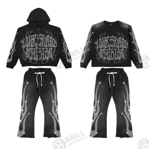 Oem logotipo personalizado de alta calidad al por mayor de gran tamaño Sudadera con capucha pantalón acampanado chándal personalizado con diamantes de imitación hombres chándal conjunto - Product Image 3