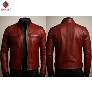 Blouson aviateur en cuir bordeaux fait main, uni, décontracté, hiver, fermeture éclair, col mandarin, coupe ajustée, service OEM - Product Image 3