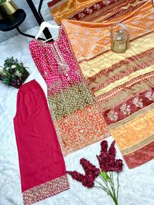Elegant Ready Wear <b>Three</b> Piece Fancy Printed Long Heavy Chino Silk Kurti Set Stylish Palazzo Heavy Dupatta for Party Quick Dry - Product Image 6