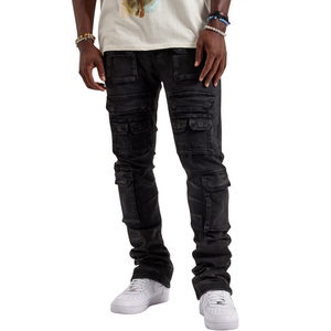 Pantalones Cargo Negros para Hombre, Vaqueros con Múltiples Bolsillos, Estilo Casual Urbano, Corte Ajustado, Pantalones Utilitarios Lavados, Estilo Workwear - Product Image 1