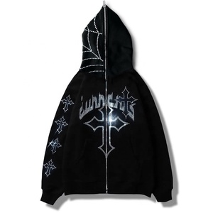 Otoño Invierno Unisex Hombres Moda Sudadera con capucha Custom Rhinestone Streetwear Full Zip up Hoodie Oversize Casual Full Face Zipper Hoodie - Product Image 1