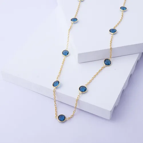 Koleksi mewah pesona kalung kuarsa biru london bentuk bulat kalung stasiun lapisan ganda rantai kabel berlapis emas perhiasan