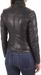 Chaqueta de motociclista de piel de vaca auténtica para mujer, forro de viscosa acolchado, cremallera, Flashback, raya granate, acabado de camuflaje - Product Image 4