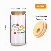 Gobelet à eau en verre borosilicate avec logo personnalisé, 500 ml, design de Noël, tasse en verre avec couvercle en bambou