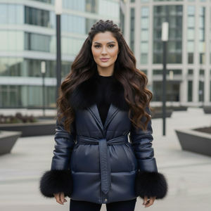 Blouson d'hiver pour femme en cuir véritable avec motif à carreaux et col en fourrure de renard, coupe-vent, streetwear - Product Image 3