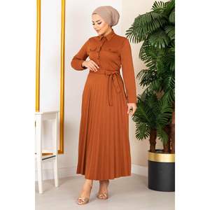 Pleated Skirt Modest Dress 100MD21515 <b>Tan</b> - Product Image 3