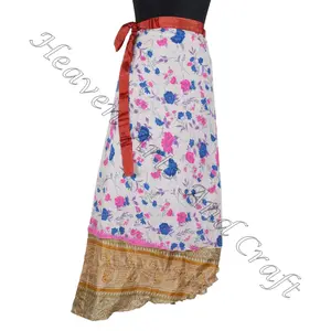 New Long Vintage Silk Blend Double Layer Sarong Sari Magic Wrap Skirt rajasthani old saree long silk wrap indian printed magic