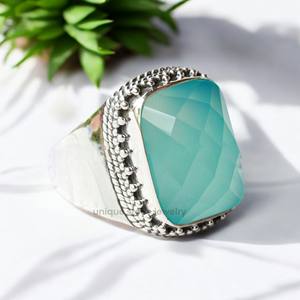 Bague fine en argent sterling 925 de créateur, faite à la main, avec incrustation de chalcédoine aqua naturelle à facettes, style bohème pour femme - Product Image 3