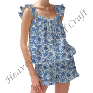 Ensemble de pyjama en coton à imprimé floral bohème pour femmes printemps/été ensemble de pyjama à bretelles ajustées à volants à bretelles - Product Image 6