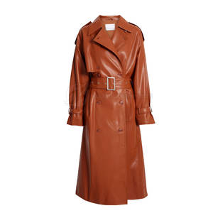 2024 vêtements d'extérieur de luxe personnalisés pour les femmes à manches longues ceinture revers Trench ample respirant noir PU Faux cuir veste - Product Image 1