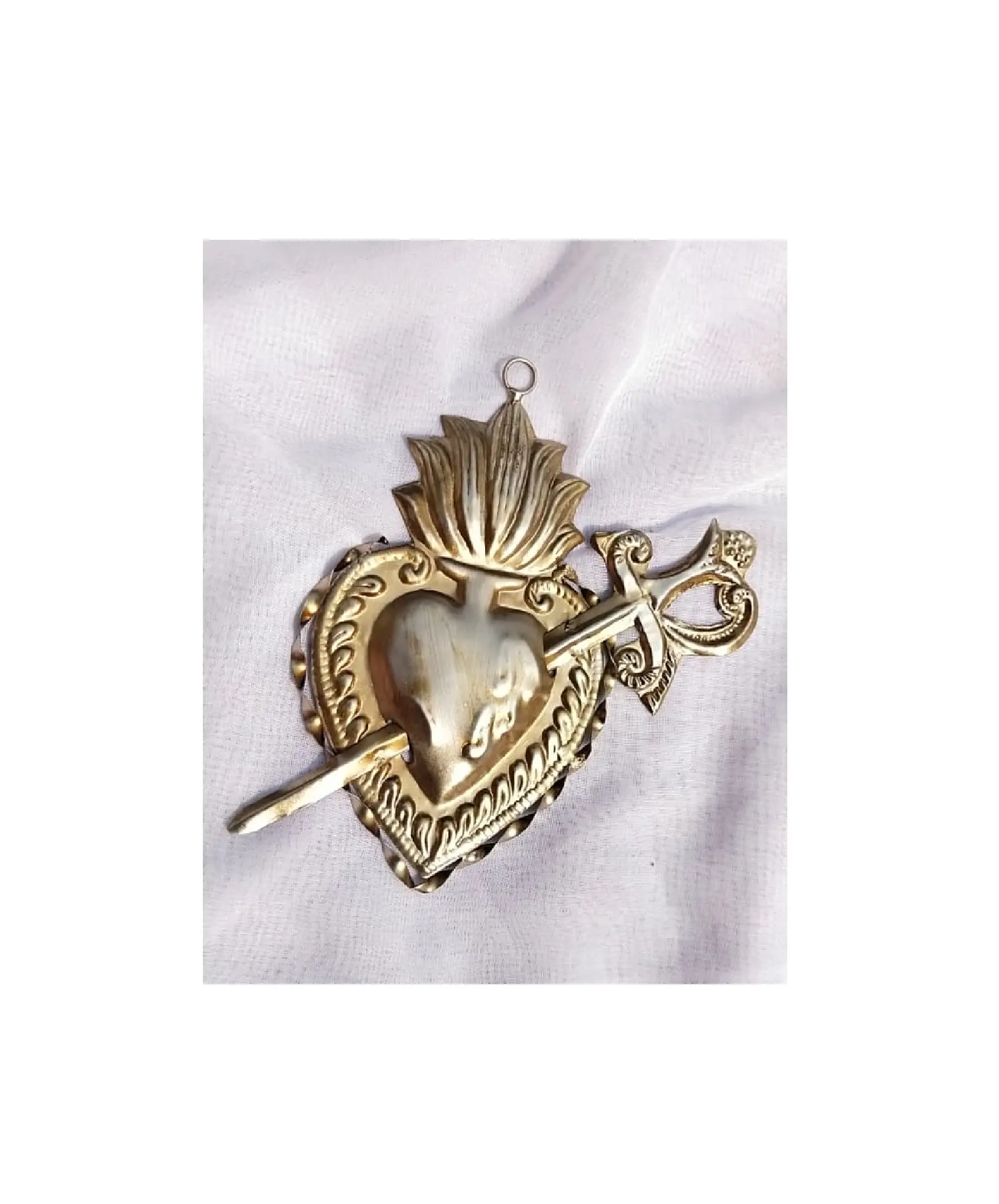 Liontin cinta berlian imitasi Milagros Votive Mary Hati Kudus gantung agama logam malaikat mewah kuningan kualitas unik