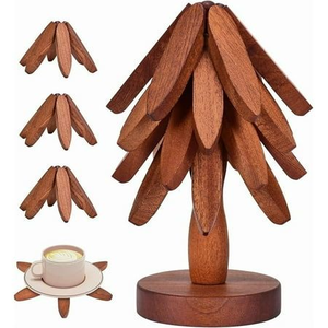 Artisan Wooden Tree Shape Coaster & <b>Trivet</b> Set | Sustainable <b>Wood</b> Hot Pot Stand | Decorative Tableware Set - Product Image 2