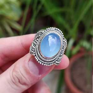 925 Sterling Silver Handmade <b>Statement</b> <b>Ring</b> Natural Chalcedony Oval Cut Gemstone May Birthstone Silver <b>Ring</b> - Product Image 1