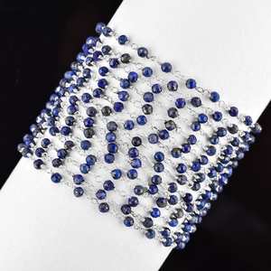 Lapis Lazuli naturel perles rondes à facettes 925 chaîne de chapelet en argent Sterling 3mm fil enroulé chaîne à maillons fournitures de bijoux en gros - Product Image 6