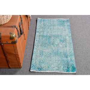 Alfombra Turca Vintage, Alfombra Pequeña de 1.6x3.2 pies, Alfombra con Bordes Azules y Blancos - Product Image 1