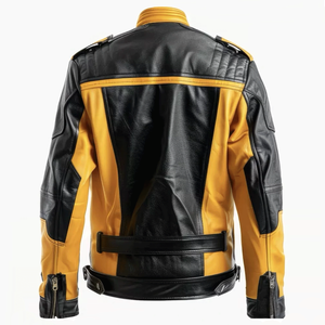 Men's Black and Yellow Genuine Cowhide Leather CE Protected Windproof Winter Motorcycle Jacket - Product Image 2