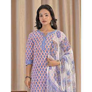 Conjunto de Kurta y Pantalón de Algodón Estampado a Mano con Diseño de Duraznos, Estilo Casual de Verano, Tela Chifón - Product Image 1