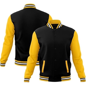 Chaqueta Varsity Negra Premium para Hombre – Estilo Clásico Deportivo con Mangas Amarillas en Contraste y Ribete a Rayas - Product Image 1