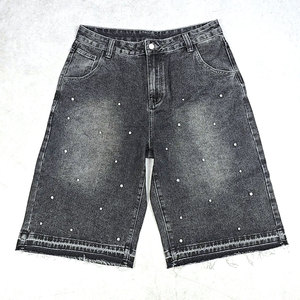 Shorts en toile vintage délavée à l'acide pour l'été, 100% coton, longueur standard, shorts décontractés avec strass, vêtements de rue - Product Image 1