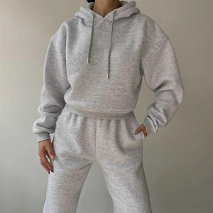 Custom 100% Organic Cotton Fleece Pullover Oversize Hoodies Women's Sets Wholesale Two Piece <b>Crop</b> Top Sweat Pants <b>Jogger</b> Set - Product Image 4