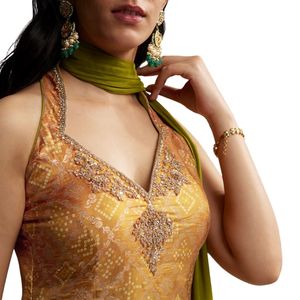Traje Palazzo de seda Ombre verde y amarillo con estampado Bandhani, venta al por mayor, fábrica de ropa étnica OEM para mujer, proveedor a granel de moda - Product Image 3