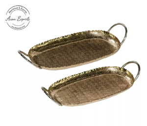 Elegante Juego de Bandejas de Servicio de Metal con Acabado Dorado y Textura Martillada, Asas Laterales, Diseño Duradero para Decoración de Mesa de Lujo - Product Image 1