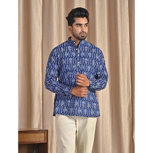 Kurta court en coton popeline bleu imprimé pour homme, chemise décontractée à manches longues, respirante et confortable - Product Image 3