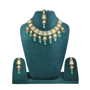 Gold-Plated <b>Light</b> Green Tumble and Polki Kundan Fine Stainless Steel Alloy Studded Jewellery Set with Zircon Tumbled Polki Cut - Product Image 1