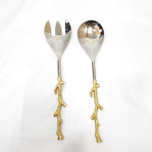 Stainless Steel Brass Metal Branch Shape Gold Plated Handle Salad Server set 2 Luxury Style Cutlery <b>Flatware</b> - Product Image 1
