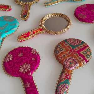 Decorative Brocade <b>hand</b> <b>held</b> <b>mirror</b> for giveaways for wedding haldi mehndi baby shower Favors henna nights dholki nights - Product Image 2