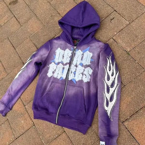 2025 nouveau Design en gros Streetwear à la mode soleil délavé fermeture éclair coton à capuche pour hommes en détresse lettre broderie imprimé à capuche - Product Image 3