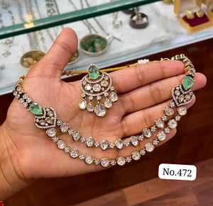 Fabricante indio AD CZ Polki gargantilla collar conjunto con cuentas y chapado en oro joyería nupcial de moda para bodas y festivales - Product Image 3