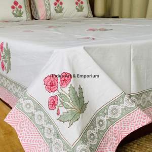 Parures de lit indiennes artisanales Sanganeri imprimées à la main, draps de lit avec taies d'oreiller - Product Image 5