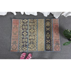 Alfombra de lana azul y beige bohemia de área grande, 2.5x3.6ft, diseño de retazos hecho a mano turco clásico, Alfombra de látex para habitación de pasillo - Product Image 1