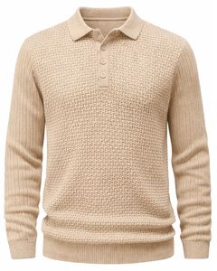 เสื้อโปโลถักลายผู้ชาย แขนยาว คอติดกระดุม สไตล์ลำลอง สำหรับฤดูหนาว สีเบจอ่อน สำหรับขายส่งจำนวนมาก - Product Image 1