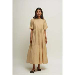 Robe longue maxi à volants beige unie pour femme, manches courtes, coupe ample, décontractée, été, écologique, lavable - Product Image 1