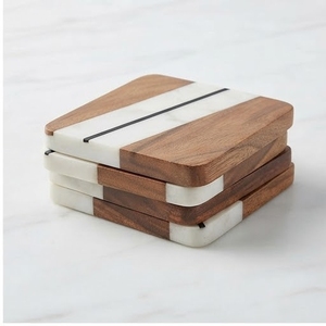Modern Square Wood <b>Coasters</b> With White <b>Marble</b> Effect Resin Inlay Non-Slip Mats Set Of 4 - Product Image 1