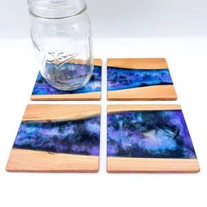 Ensemble de dessous-de-verre en bois et résine époxy carrée Galaxy, bois de hêtre, tapis à boisson River, fabrication artisanale, protection de surface de table, vente en gros, cadeaux pour la maison et le café - Product Image 1