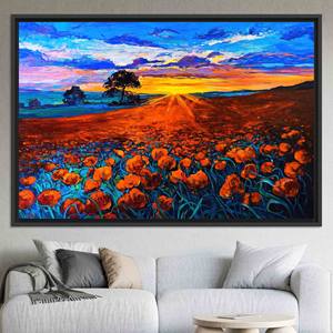 Impresión en lienzo de Poppy Field Sunset: decoración de pared de vidrio templado, lienzo con marco negro - Product Image 1