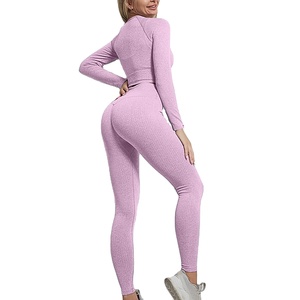 ชุดออกกำลังกายลำลองสองชิ้นสำหรับผู้หญิง ชุดโยคะฟิตเนส เอวยางยืด ผ้าเรียบย้อมสี 100% ผ้าฝ้าย ชุดกีฬาสีพื้นด้านหน้าเรียบ - Product Image 3