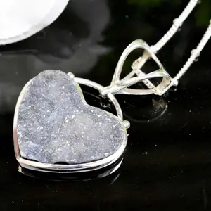 Fabrieksverkoop Groothandel Best Verkopende Harte Vorm Woestijn Druzy Edelsteen 925 Sterling Zilver Handgemaakte Elegante Mooie Hanger