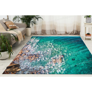 Tapis imprimé en patchwork de laine avec vue sur l'océan - Support en latex écologique - Décoration de bureau et de salle à manger côtière - Product Image 5