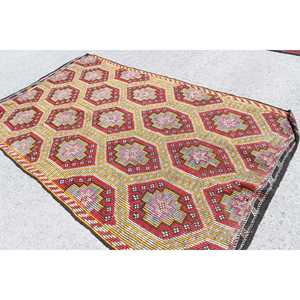 Grand tapis turc vintage 5,6x9,7 pieds, tapis en laine rouge et jaune uni - Product Image 4