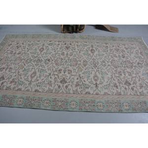 Alfombra de lana turca Vintage clásica Beige verde 4ft9in X 8ft8in diseño Aubusson grande Patchwork para sala de estar con respaldo de látex - Product Image 3