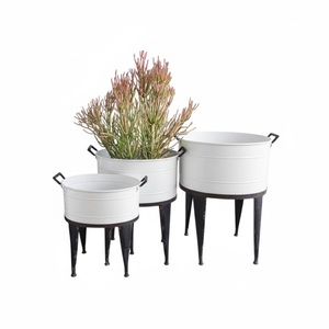 Set Of 3 White Metal Bucket <b>Planter</b> Pots With Black Stands And Handles Vintage Indoor Outdoor <b>Garden</b> Floor <b>Planters</b> Home Decor - Product Image 1